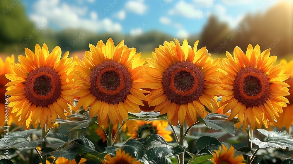 Obraz premium Row Of Bright Yellow Sunflowers Blooming In Green Field Under Blue Sky With Clouds On A Sunny Warm Summer Day In Countryside