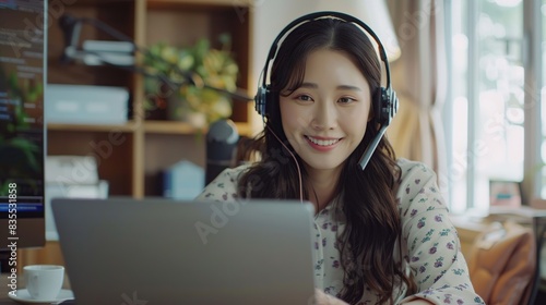 Happy asian woman wearing headphones and holding video call with clients on laptop at home. consulting customer