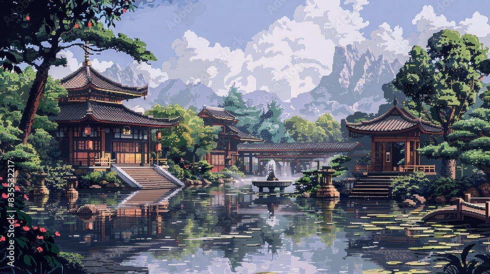 Fototapeta premium pixel art landscape featuring a serene lake surrounded by lush green trees, a small brown building, and a vibrant red flower