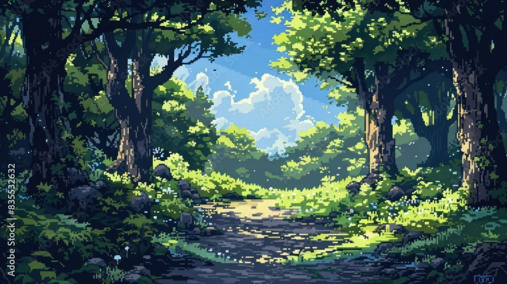 pixel art landscape featuring a path surrounded by lush green trees under a clear blue sky with a single white cloud pixel art landscape featuring a path surrounded by lush green trees under a clear blue sky with a single white cloud