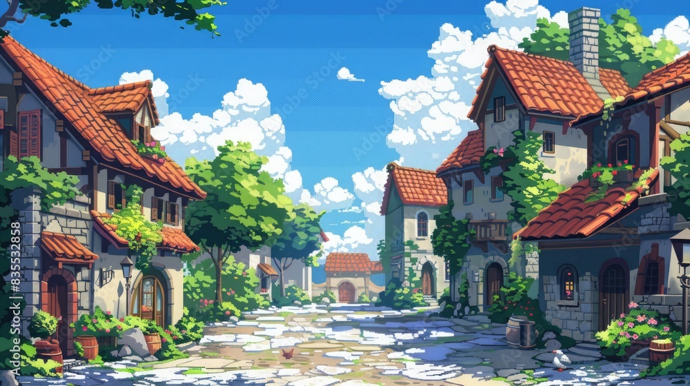 pixel art landscape featuring a colorful array of buildings with red and orange roofs, surrounded by lush green trees and a blue sky with white clouds pixel art landscape featuring a colorful array of buildings with red and orange roofs, surrounded by lush green trees and a blue sky with white clouds