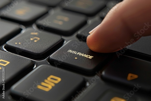 Close-up of finger typing insurance on keyboard, black and gold colors - insurance concept