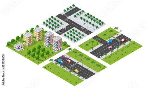 Isometric urban megalopolis top view of the city infrastructure town, street modern, real structure, architecture 3d elements different buildings 3d illustration