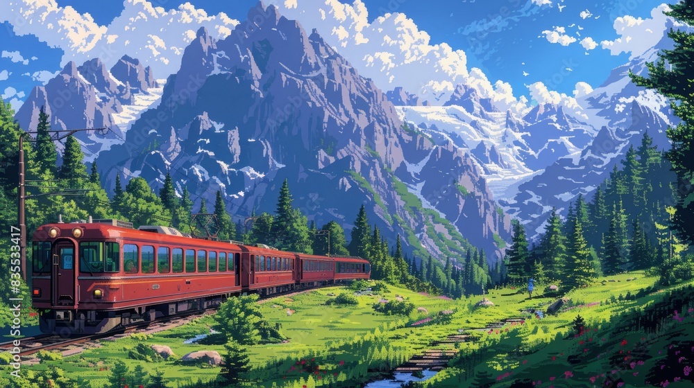 pixel art landscape featuring a red train surrounded by lush green trees and a large rock, with a glass window in the foreground