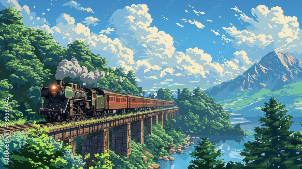 pixel art landscape featuring a train crossing a bridge surrounded by lush green trees and a majestic mountain pixel art landscape featuring a train crossing a bridge surrounded by lush green trees and a majestic mountain