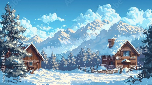 pixel art landscape featuring a cabin nestled among snow - covered trees, with a blue window and brown roof, set against a backdrop of white and blue clouds © Siasart Studio