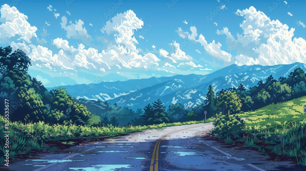 pixel art landscape featuring a winding road flanked by lush green trees under a clear blue sky with fluffy white clouds pixel art landscape featuring a winding road flanked by lush green trees under a clear blue sky with fluffy white clouds