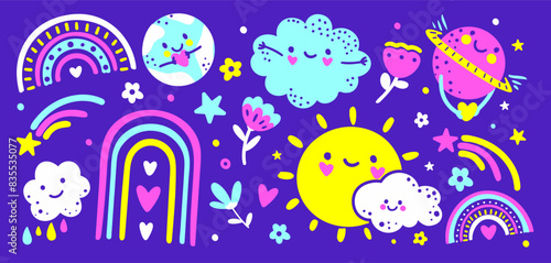 Cute sky stickers. Vibrant hand drawn collection of kind peaceful characters. Earth planet, happy doodle sun, funny clouds, colorful rainbow, flowers and stars. Baby drawing. Bright vector elements