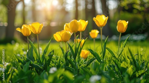 Colorful yellow tulip flowers in the garden with green grass landscape on a sunny summer or spring day
