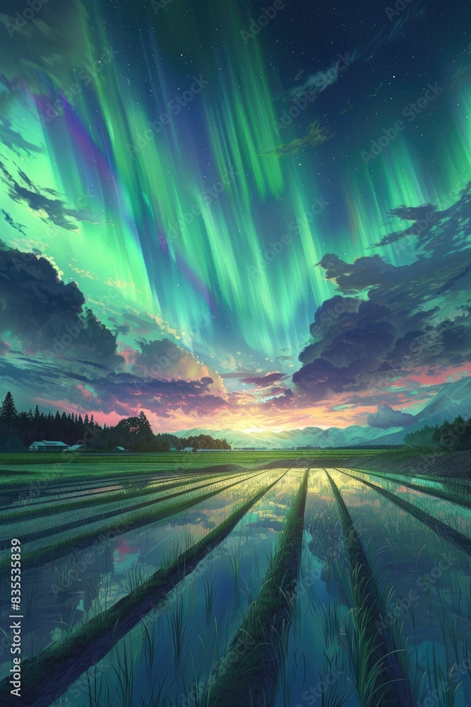 Obraz premium In the landscape, rice fields meet towering mountains, while the aurora paints the sky, creating a mesmerizing scene of natural beauty. 🌾🌄🌌