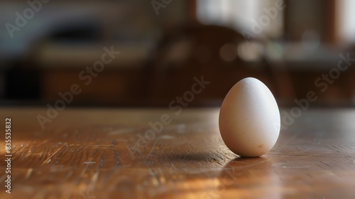 A white egg stands on a wooden table. The egg is smooth and unblemished. The table is old and has a rich patina. photo