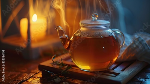 Warm cup of tea with teapot photo