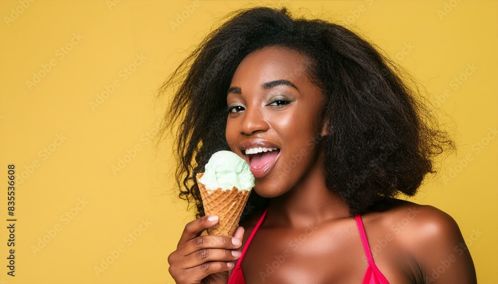 A portrait of an attractive young woman in a bikini, enjoying an ice cream, in front of a brightly colored background. A portrait of an attractive young woman in a bikini, enjoying an ice cream, in front of a brightly colored background.