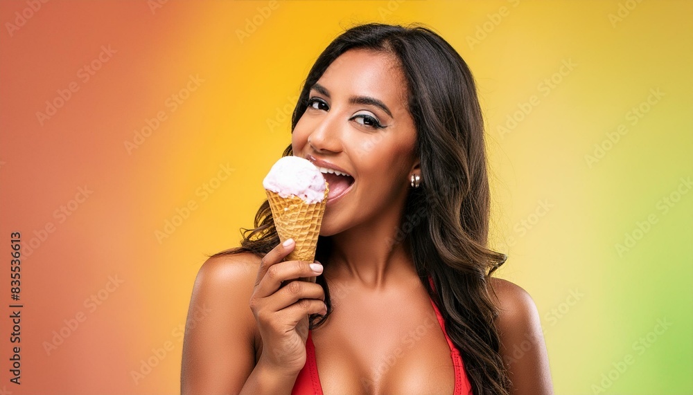 A portrait of an attractive young woman in a bikini, enjoying an ice cream, in front of a brightly colored background. A portrait of an attractive young woman in a bikini, enjoying an ice cream, in front of a brightly colored background.