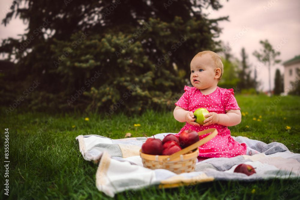 Young Girl in a Pink Dress Enjoying an Apple on a cloudy Day at the Park Young Girl in a Pink Dress Enjoying an Apple on a cloudy Day at the Park