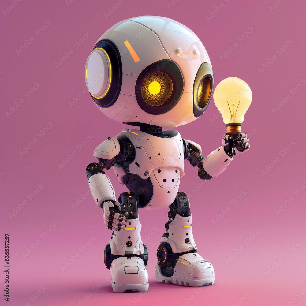 A robot is holding a light bulb in its hand. The robot is white and has yellow eyes. The robot is standing on a pink background A robot is holding a light bulb in its hand. The robot is white and has yellow eyes. The robot is standing on a pink background