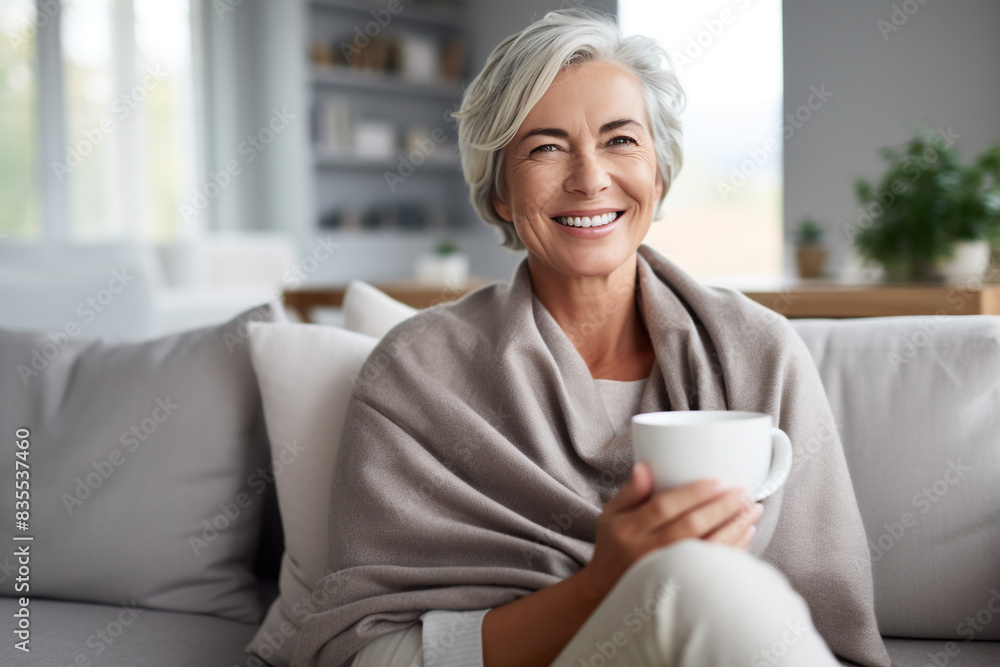Happy relaxed mature woman sitting on the sofa with a coffee cup. High quality photo Happy relaxed mature woman sitting on the sofa with a coffee cup. High quality photo
