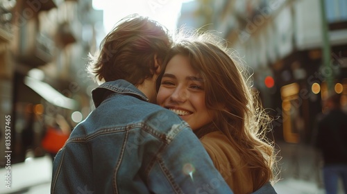 Beautiful young smiling couple spending time at the city street © zipop