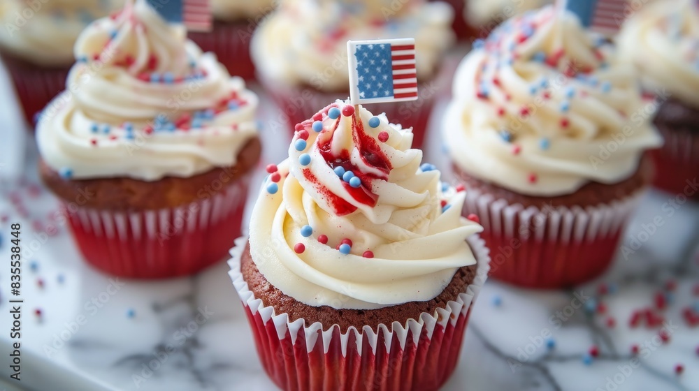 cupcakes with white icing and red, white, and blue sprinkles. There is a small American flag on top of each cupcake. cupcakes with white icing and red, white, and blue sprinkles. There is a small American flag on top of each cupcake.