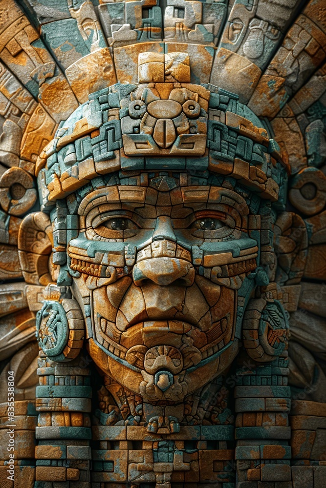 Obraz premium temple goddess, symmetrical mayan style stone sculpture