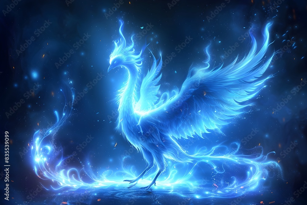 Un ave fenix hecha de fuego y llamas color azul brillante con las alas ...