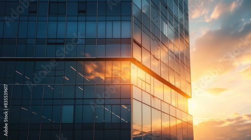 Modern office architectural building with glass window reflected with orange sunlight. Corporate building financial skyscraper office building construction with evening sky with orange sun ray. AIG42.