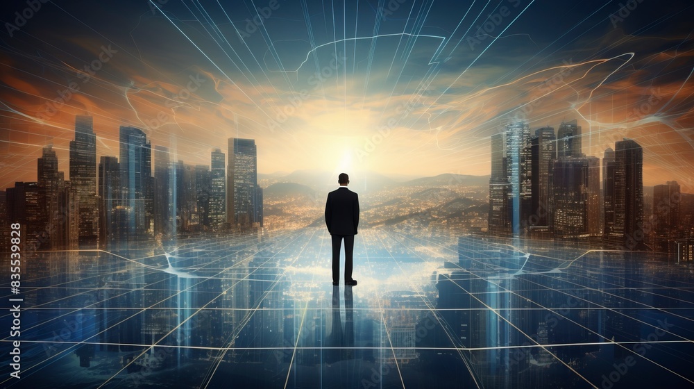 Business man on future network city, copy space, generative ai Business man on future network city, copy space, generative ai