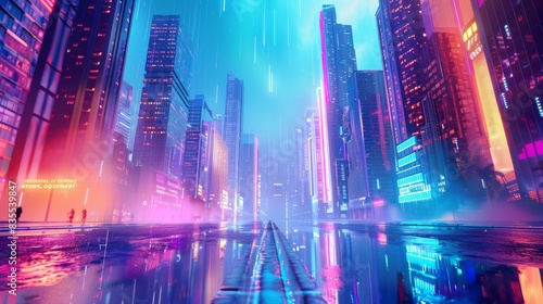A futuristic cityscape with skyscrapers and glowing neon lights  a clear blue sky in the background  a long holographic street leading to an unknown horizon  reflecting on wet pavement  a sense of mys