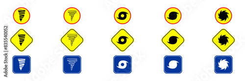 Hurricane warning road sign. Tornado bad weather hurricane road signs in different colors. Vector illustration