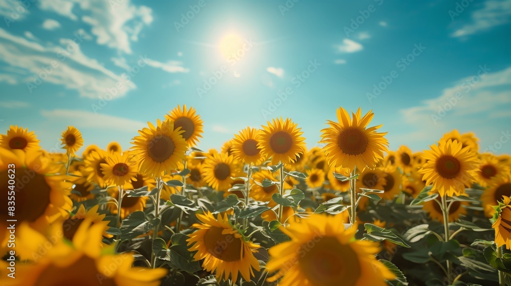Fototapeta premium Vast sunflower field glowing bright summer sun in blue sky green leaves landscape countryside rural farmland positivity