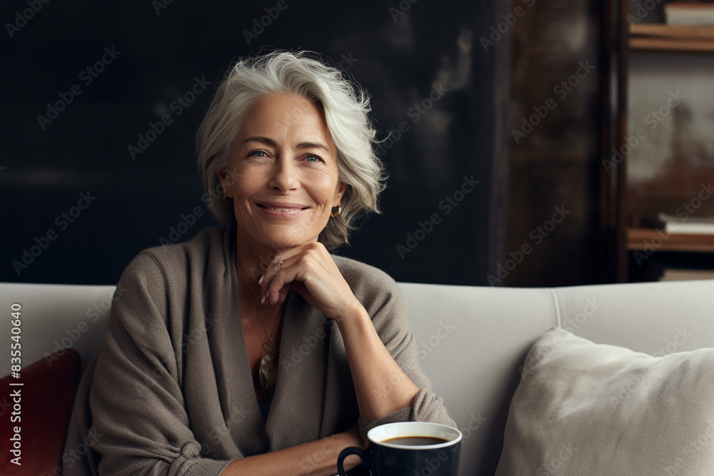 Happy relaxed mature woman sitting on the sofa with a coffee cup. High quality photo Happy relaxed mature woman sitting on the sofa with a coffee cup. High quality photo