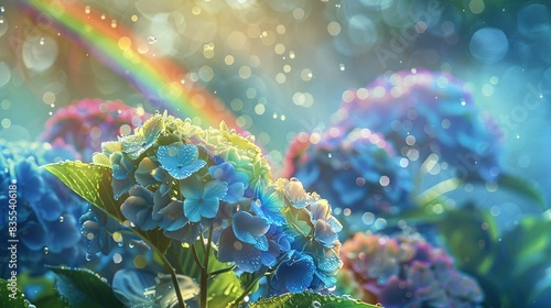 Sunny Day with Rainbow and Blue Hydrangeas During Rainy Season - Generative AI