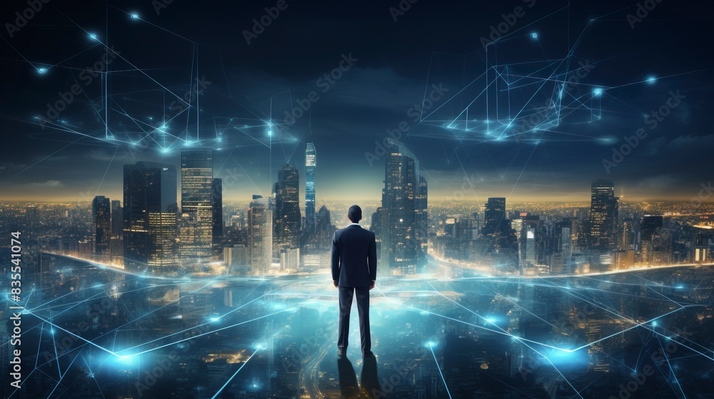 Business man on future network city, copy space, generative ai Business man on future network city, copy space, generative ai