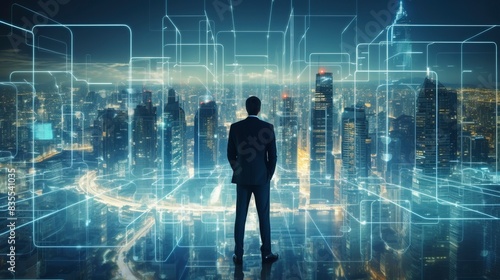 Business man on future network city, copy space, generative ai