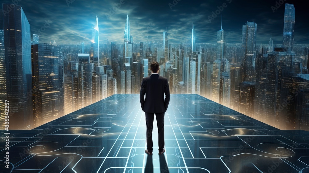 Business man on future network city, copy space, generative ai Business man on future network city, copy space, generative ai