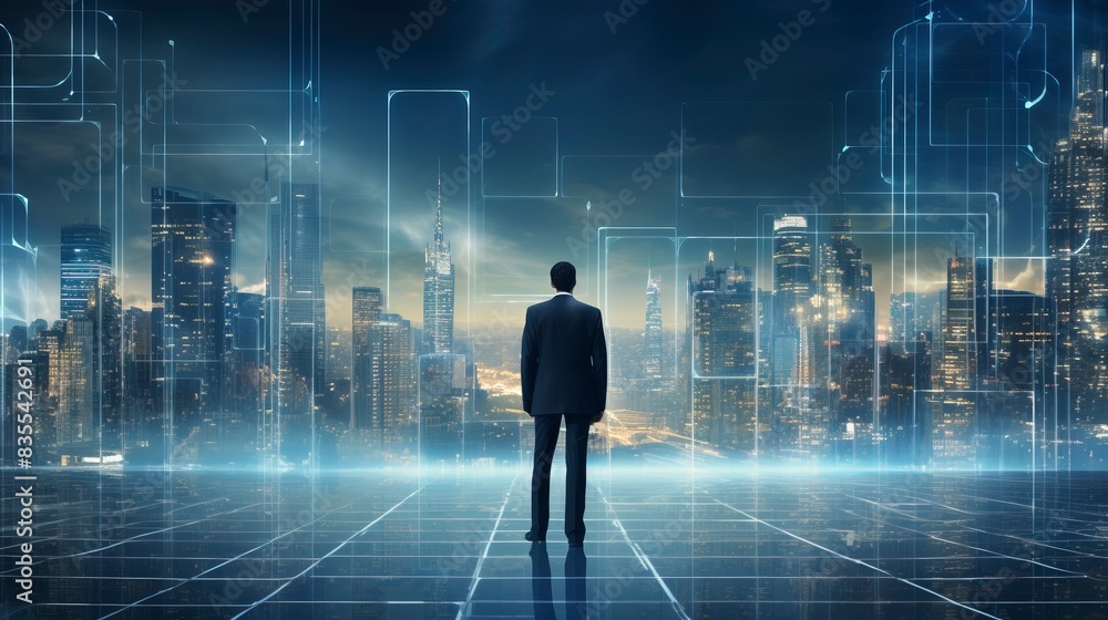 Business man on future network city, copy space, generative ai Business man on future network city, copy space, generative ai