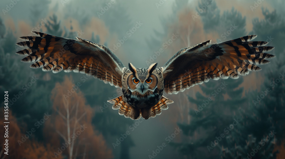 Owl Flying Through Dense Forest on a Misty Morning