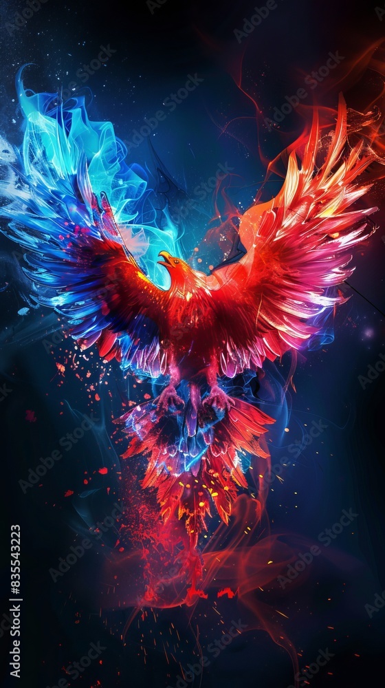 Burning phoenixon facing front, red and blue accents, vibrant and bright, black background Burning phoenixon facing front, red and blue accents, vibrant and bright, black background
