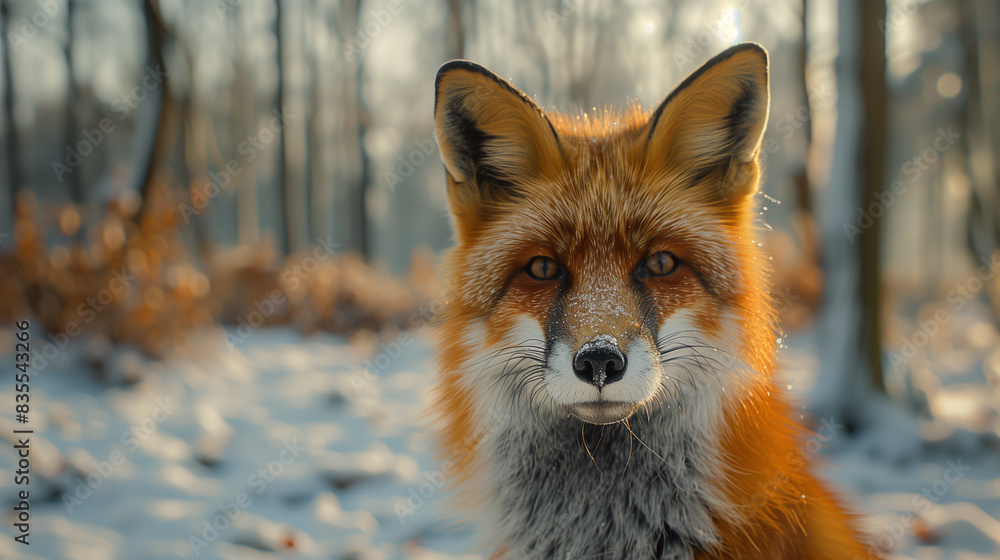 Obraz premium Red Fox in Snowy Winter Forest Staring at Camera