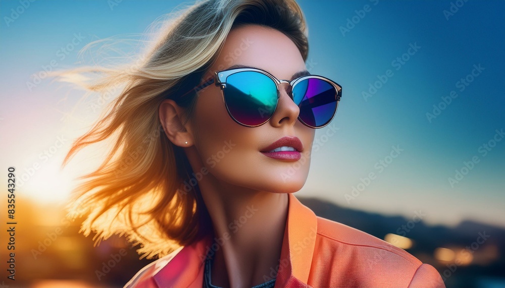 Portrait of blonde woman with a bob wearing edgy sunglasses; vibrant colors Portrait of blonde woman with a bob wearing edgy sunglasses; vibrant colors
