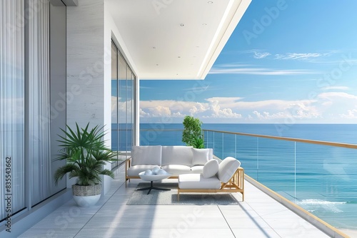 minimalist private luxury balcony with breathtaking ocean view serene 3d architectural rendering