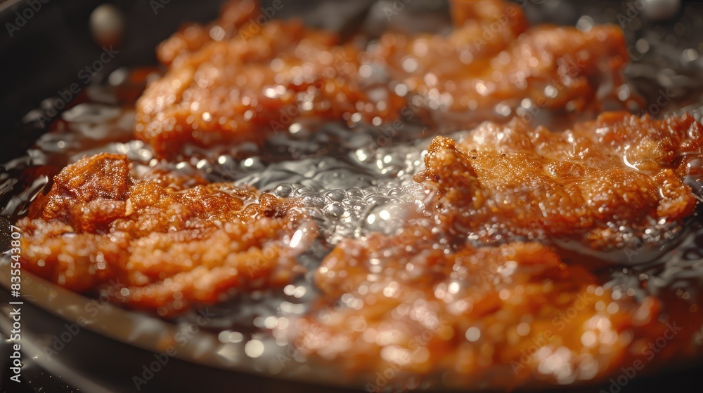 Battered pork frying in a pan close up shot Battered pork frying in a pan close up shot
