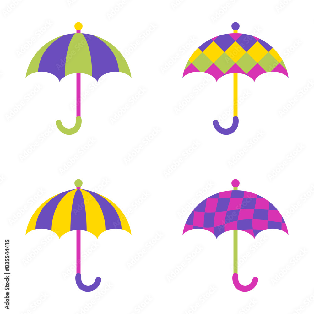 Checkered and striped umbrella clipart collection. Perfect print for posters, cards, stickers. Isolated vector illustration for decor and design. Checkered and striped umbrella clipart collection. Perfect print for posters, cards, stickers. Isolated vector illustration for decor and design.