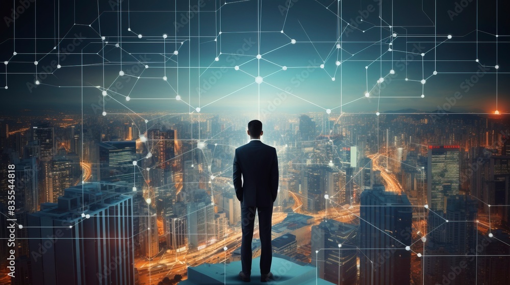 Business man on future network city, copy space, generative ai Business man on future network city, copy space, generative ai