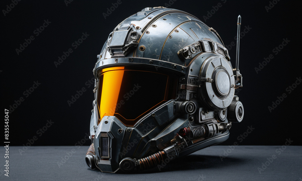 Promotional Design, Futuristic Sci-fi Helmet with Orange Visor, Armor, Costume, Gaming Concept Promotional Design, Futuristic Sci-fi Helmet with Orange Visor, Armor, Costume, Gaming Concept
