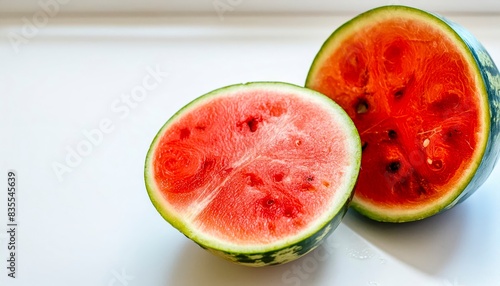 Two Halves Of A Juicy Watermelon With Vibrant Red Flesh Seeds, Set Against A White Background.