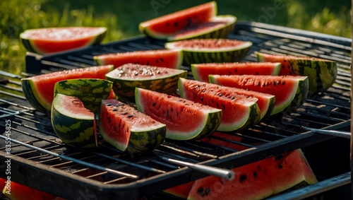 Watermelon Slices Arranged On A Grill Under The Sunlight, Highlighting Their Juicy Red Flesh