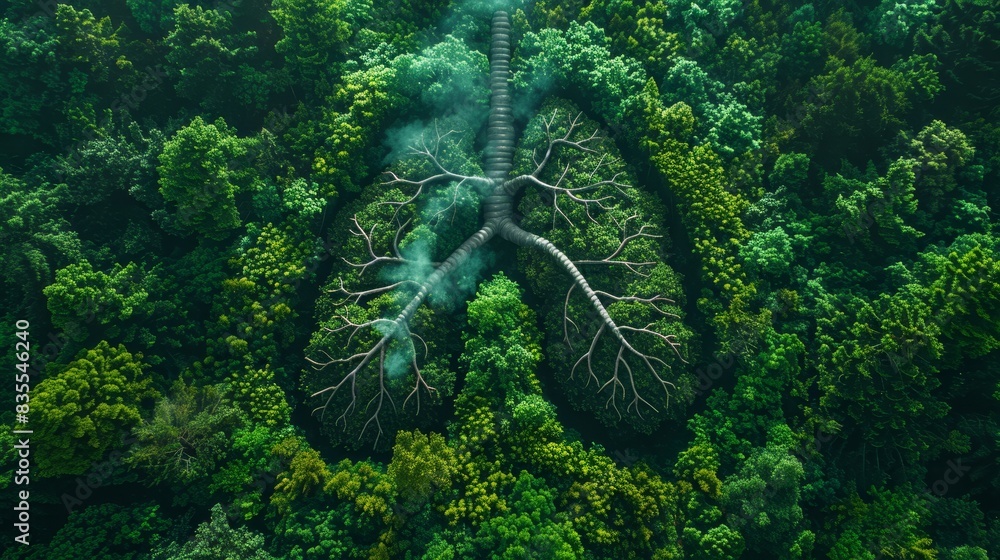 This image shows a forest canopy from above, artistically altered to resemble the shape of human lungs, symbolizing the eco-system