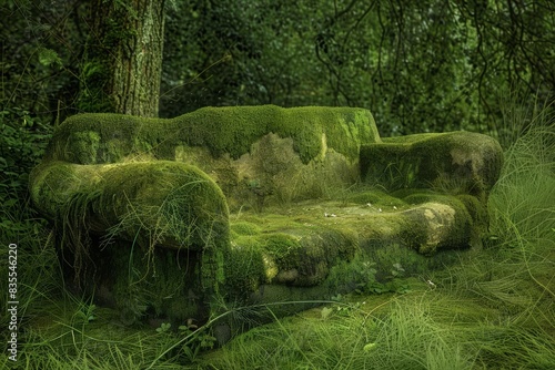 moss and grasscovered sofa in natural setting nature reclaiming manmade objects ecology concept digital painting