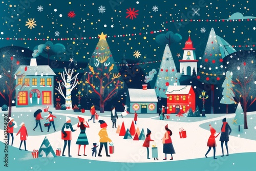 Christmas and New Year background with people walking in the city. illustration.